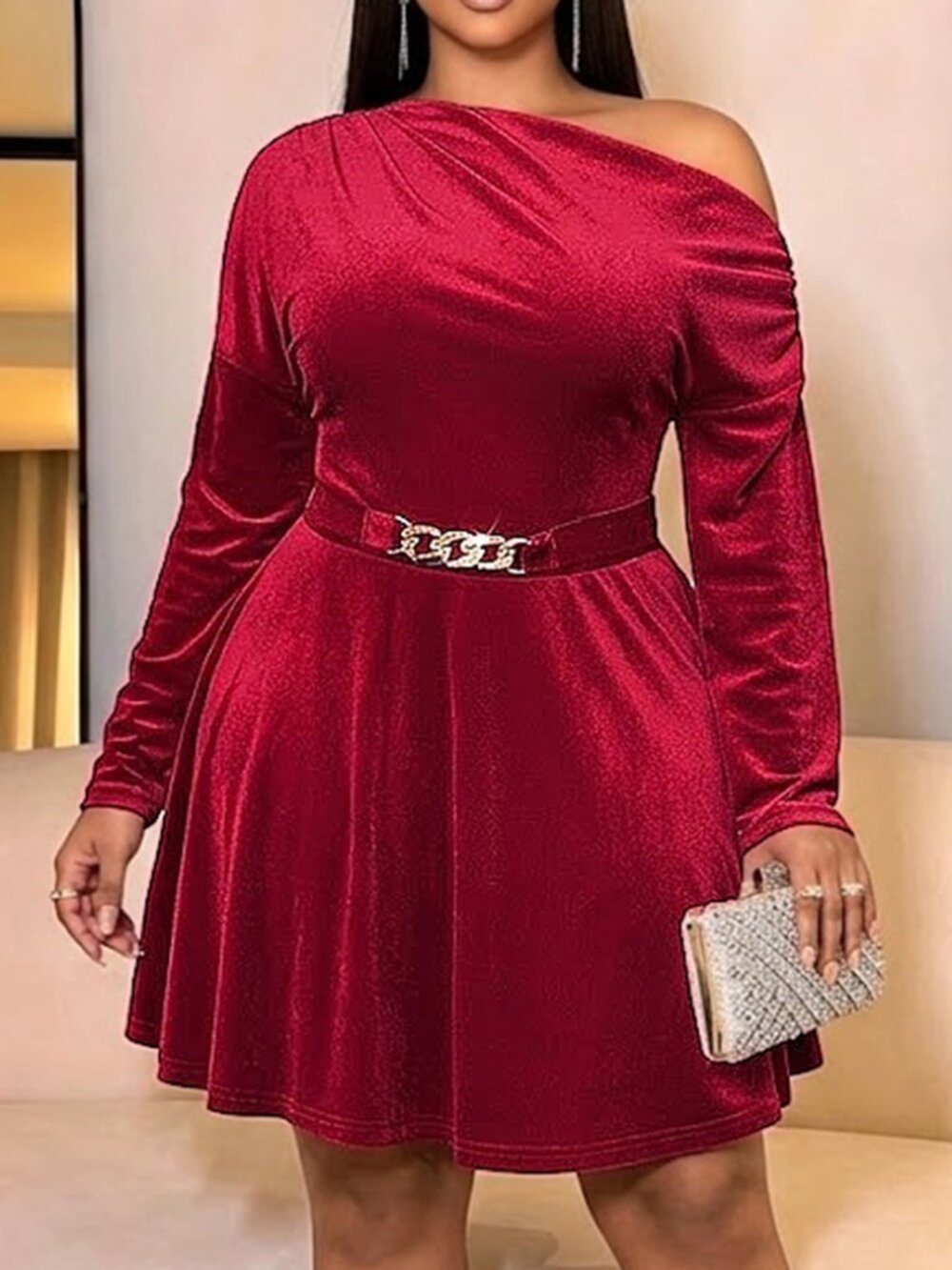 Red Party Women's Elegant Asymmetrical Shoulder Long Sleeve Short Dress